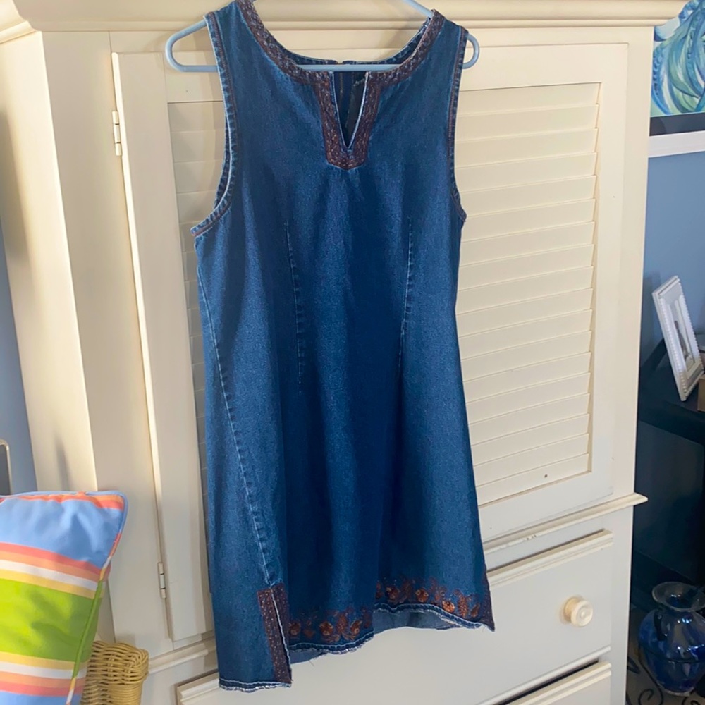 J.L.N.Y. Sport Denim Dress With Brown Embroidered Trim Sz M
